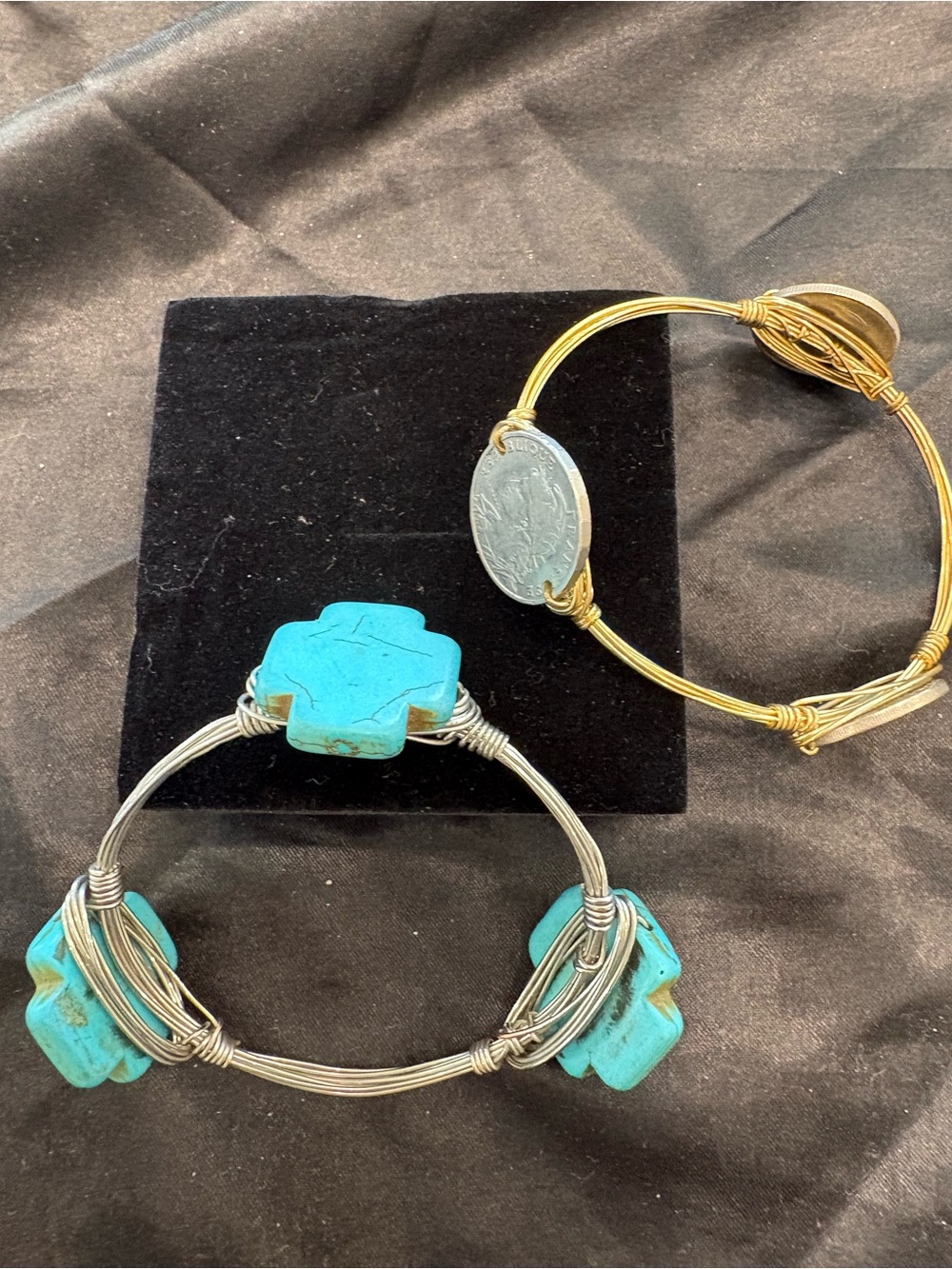 Blue Turquoise Stone & coin wire-Wrap Bangle Bracelet. Both included-one price